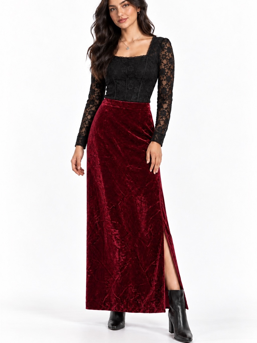 Vintage Alex Colman Burgundy Velvet Maxi Skirt Side Slit Whimsy Goth Y2K Size XS